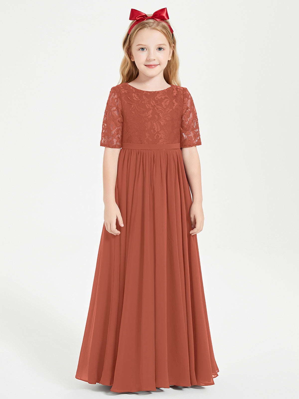 Lace Top Half Sleeved Junior Bridesmaids Dresses Rust